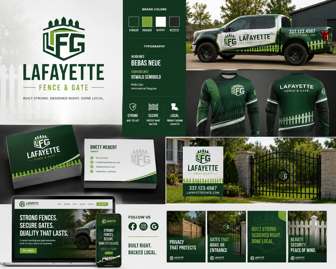 Lafayette Fence & Gate logo, truck, uniform, signage, website, and social media brand applications